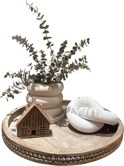 Round Wood Decorative Tray - Brown Washed Bead Tray for Coffee Table Wood Serving Tray Wooden Trays Decor Kitchen Counter Circle Tray Vintage Centerpiece for Living Room Candle Holder (15.75 inch)