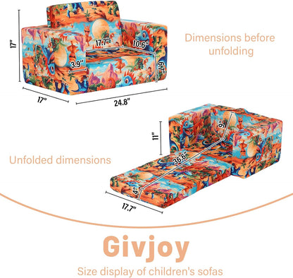 Toddler Chair Kids Couch, 2-in-1 Toddler Soft Sherpa Couch Fold Out Armchair with Removable Cover, Convertible Reading Chair Toddler Sofa for Kids, Orange Dinosaur