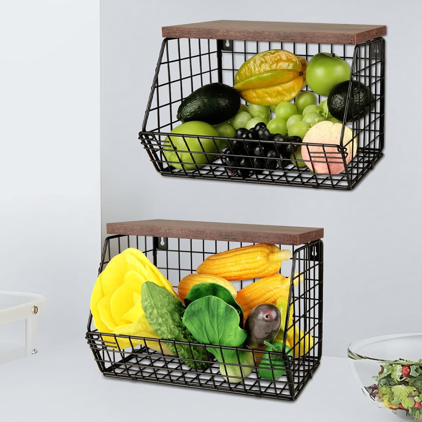 CYEAH 2 Pcs Stackable Fruit Basket for Kitchen, Hanging Wall Fruit Basket with Wood Lid, Space Saving Wall Mounted Mesh Metal Wire Baskets, Kitchen Counter Organizer for Snack, Onion, Potato Storage