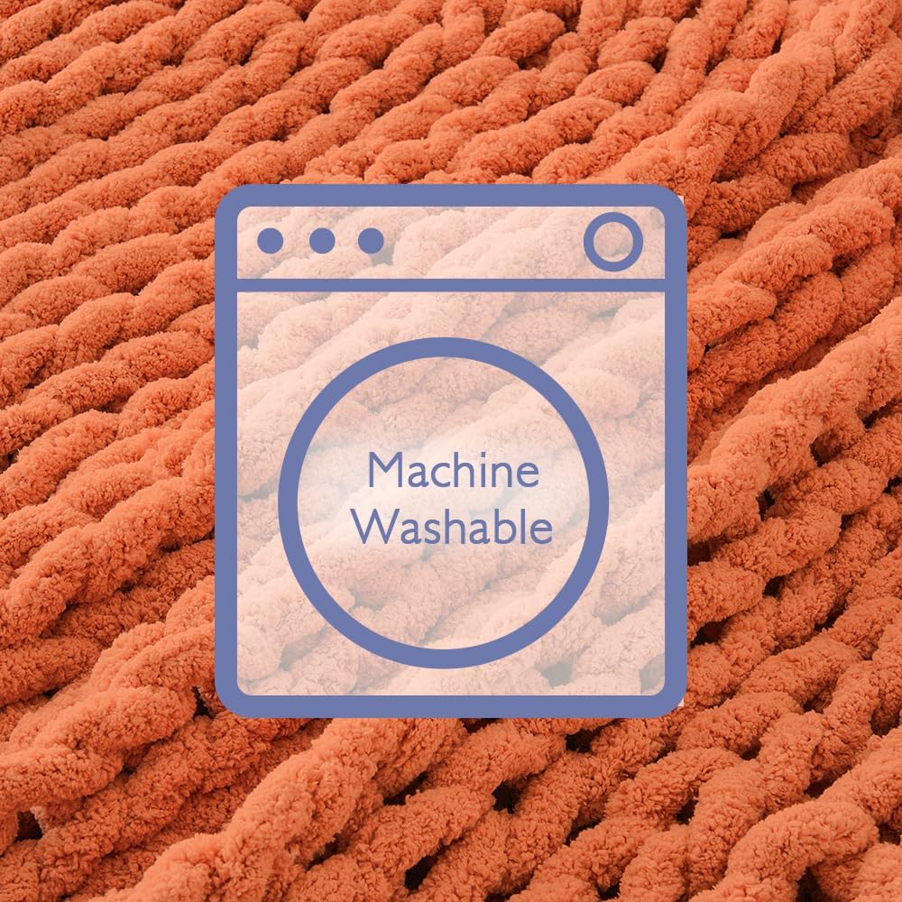 Bigacogo Chunky Knit Throw Blanket for Couch, 51x63 inches, 100% Hand Knitted with Thick Jumbo Chenille Yarn, Cozy Soft Large Rope Knot Cable Crochet Blankets for Sofa Bed Living Room, Terracotta