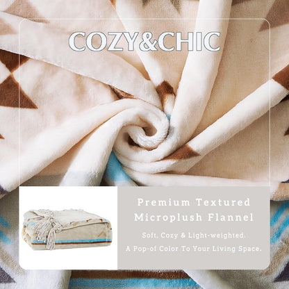 CASAAGUSTO Boho Throw Blanket - Green and Beige Decorative Blankets with Tassel, Printed Flannel Bohemian Blanket for Chair, Bed, Sofa, Couch(60 * 80, Green and Beige)