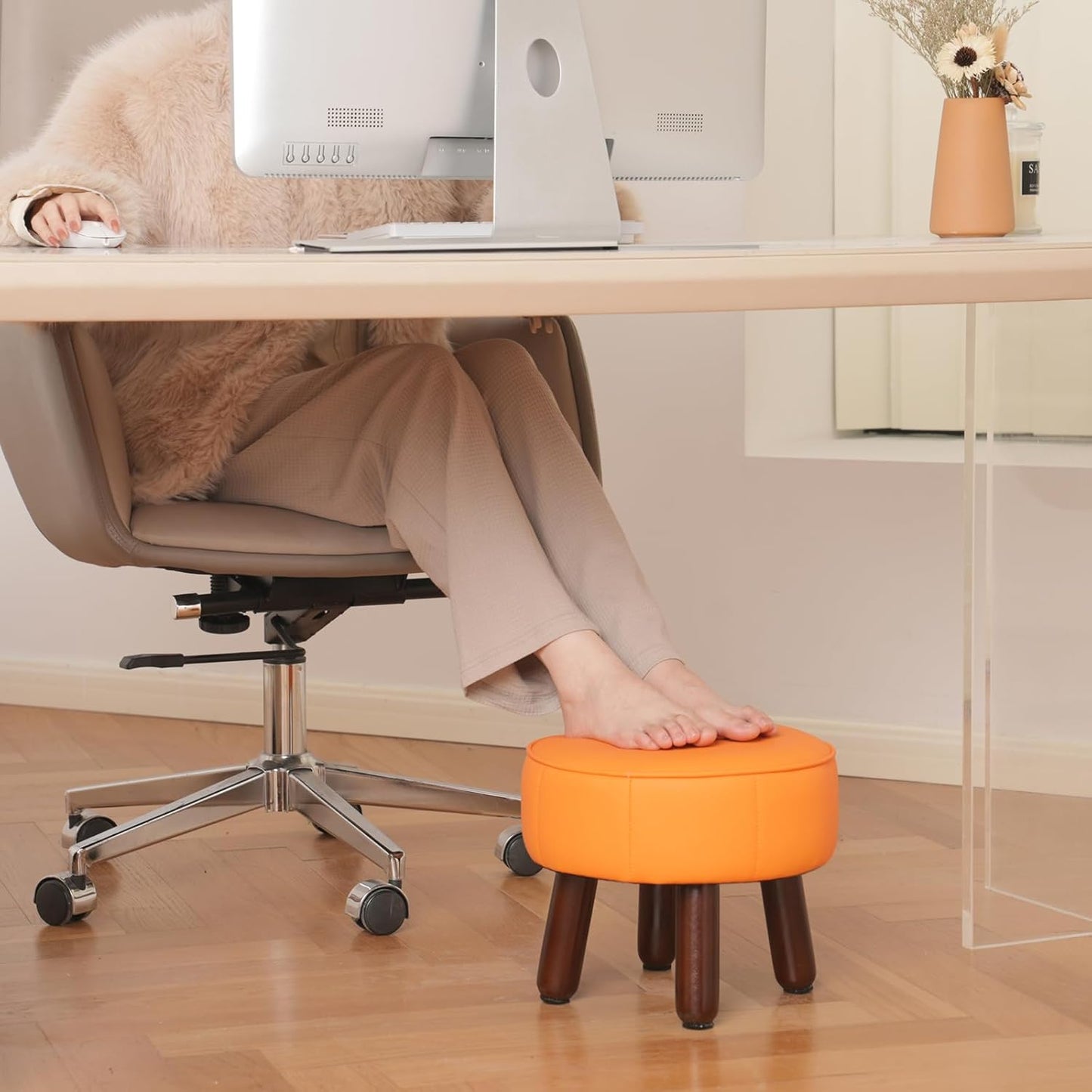 13in Small Foot Stool Ottoman, Round Faux Leather Foot Rest for Couch, Under Desk Pouf Footstool Footrest with Non-Skid Rubber Legs for Ling Room, Bedroom, 13''L x 13''W x 10.2''H, Orange