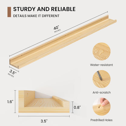 Picture Ledge Shelf, Solid Pine Wood Floating Shelves Set of 2, 40 Inches Nursery Book Shelves for Toys Storage, Kids Bookshelf Wall Mounted for Living Room Decor Photo Frames, Unfinished Natural