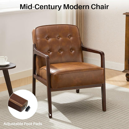 Faux Leather Accent Chair Set of 2, Mid Century Chair for Living Room, Upholstered Comfy Lounge Armchair with Solid Wood Frame, Modern Chair for Bedroom,105°Ergonomic Comfort, Brown