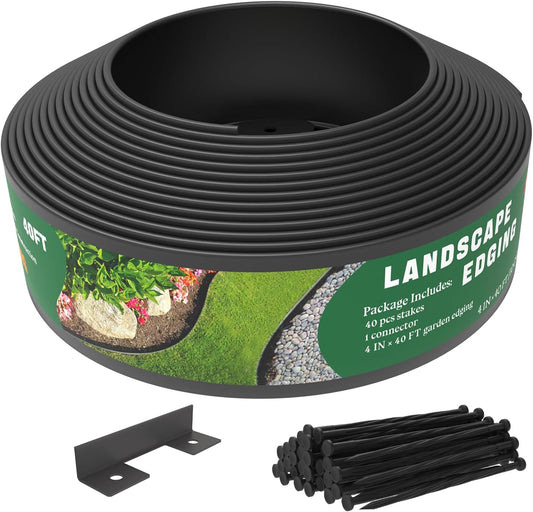 Mars Villa Landscape Edging 4 inch Tall 40FT Garden Edging Border with 40 Anchoring Spikes Flexible Garden Border Edging Kit, Plastic Edging for Landscaping for Lawn Flower Yard Paver (Black)