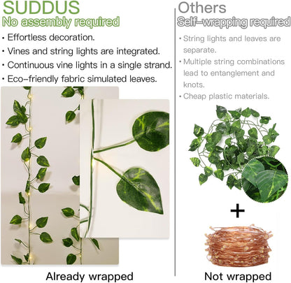suddus Vine with Fairy Lights Battery Operated, 33ft100 LED Pothos String Lights with Remote, Leaf Lights for Bedroom, Room, Wall, Garden, Party, Wedding Decor(Warm White)