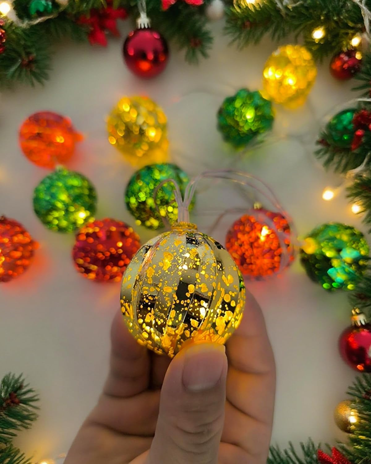Christmas Tree Ball Ornament Lights 7FT Battery Operated Christmas Lights Indoor 10 LED Colored Ball Light with 8 Modes & Timer, Xmas Globe String Light for Bedroom Party Fireplace Porch Decor
