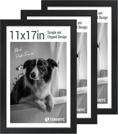 11x17 Picture Frame 3 Pack - Black Woodgrain, Solid Wood & HD Tempered Glass, Wall Gallery Poster Frame