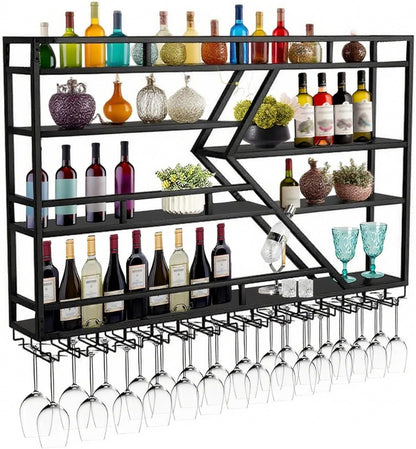 Wall Mounted Wine Rack with Glass Holder, 3-Tier Metal Storage Shelf, Black Diamond Design, Wine Bottle Display with Stemware Storage (Black, 31.49in/Left)