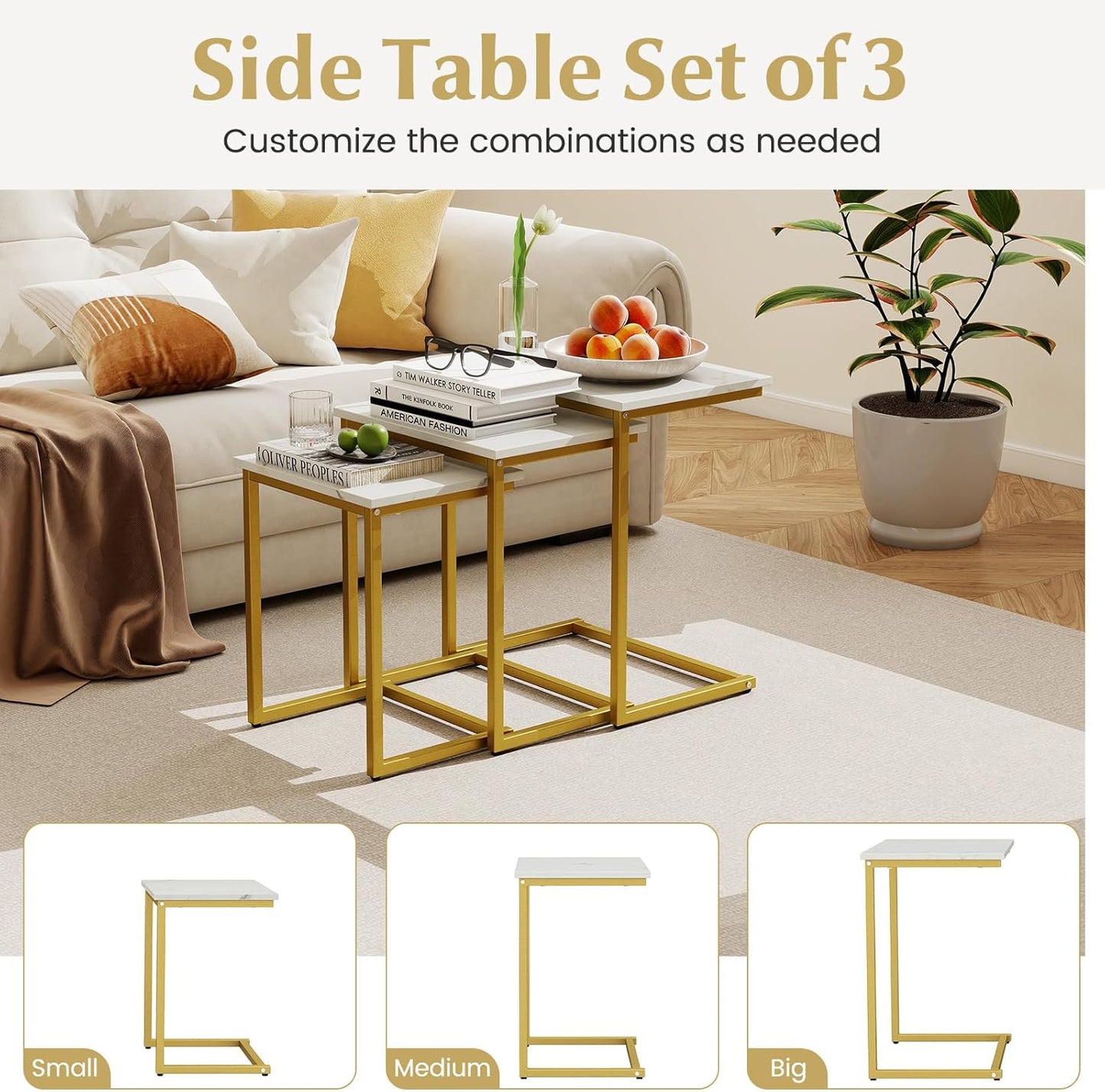 Giantex Nesting Coffee Table Set of 3, Stackable Square End Table w/Faux Marble Tabletop & Heavy-Duty Metal Frame, Farmhouse C-Shaped Accent Table for Small Space, Living Room, Bedroom (White Gold)