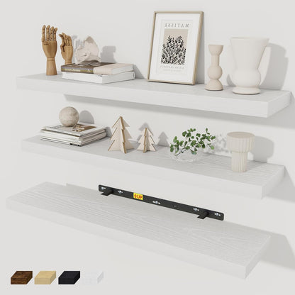 Fun Memories 30 Inch Floating Shelves Set of 3, Farmhouse White Wall Shelves for Kitchen, Living Room, Wall Mounted Bathroom Shelves in Black, 30 x 6.7 x1.4 Inch