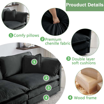 Sectional Sofa 4 Seater with Movable 2 Ottomans,Oversized Modular Couch Deep Seat (Black, 146.5 inch-U)