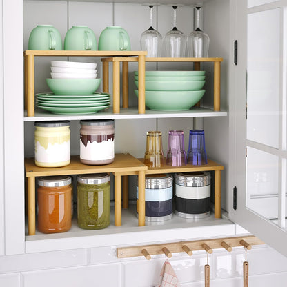 Cabinet Organizer Shelf(Set of 2),Kitchen Counter Shelves,Bamboo Stackable Expandable Spice Rack Countertop(Medium)