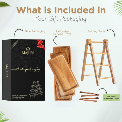 MAJURI 3 Tier Wooden Serving Tray, Set of 2 Tongs Free, Tiered Serving Trays & Platters for Party, Wedding, Picnic, Your Perfect Elevated Charcuterie Stand and for 3 Tiered Dessert Stand Lovers