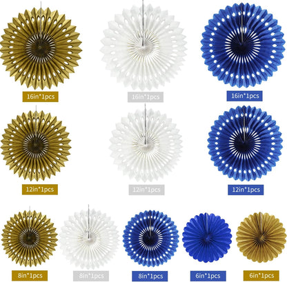 BEISHIDA Blue Gold White Hanging Honeycomb Round Paper Fans Decoration Set for New Year Baby Shower Birthday Wedding Bachelorette Photo Booth Backdrops Anniversary Paper Party Supplies（11packs）