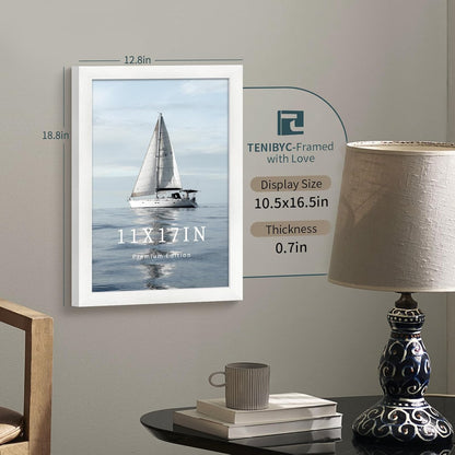 11x17 Picture Frame 3 Pack - White Woodgrain, Solid Wood & HD Tempered Glass, Wall Gallery Poster Frame