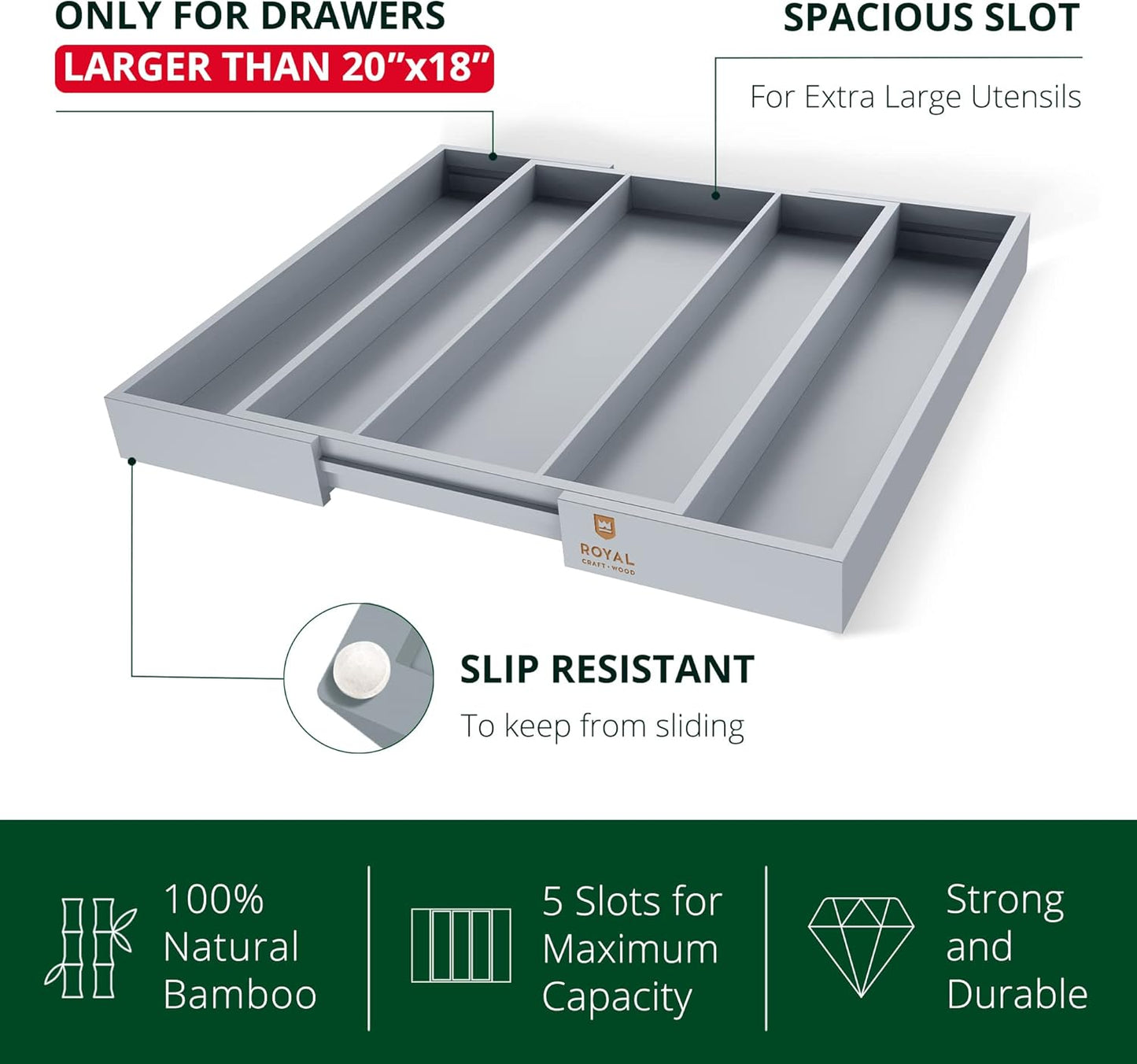 ROYAL CRAFT WOOD Luxury Bamboo Kitchen Drawer Organizer - Silverware Organizer - Utensil Holder and Cutlery Tray with Grooved Drawer Dividers for Flatware and Kitchen Utensils (5 Slot, Gray)