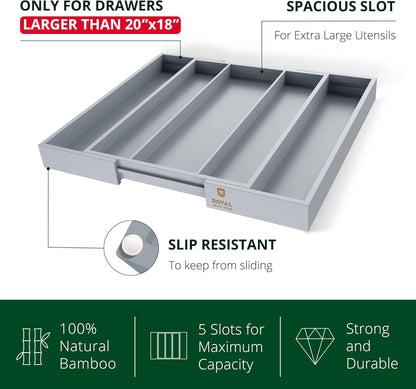 ROYAL CRAFT WOOD Luxury Bamboo Kitchen Drawer Organizer - Silverware Organizer - Utensil Holder and Cutlery Tray with Grooved Drawer Dividers for Flatware and Kitchen Utensils (5 Slot, Gray)