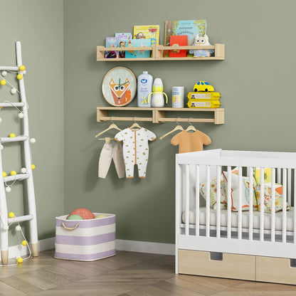 Forbena Natural Wood Nursery Book Shelves Wall Mounted, Floating Bookshelf for Kids Room, Toys and Books Storage Organizer Bookshelves for Toddler Child Bedroom Bathroom (4 Pack Natural Wood)