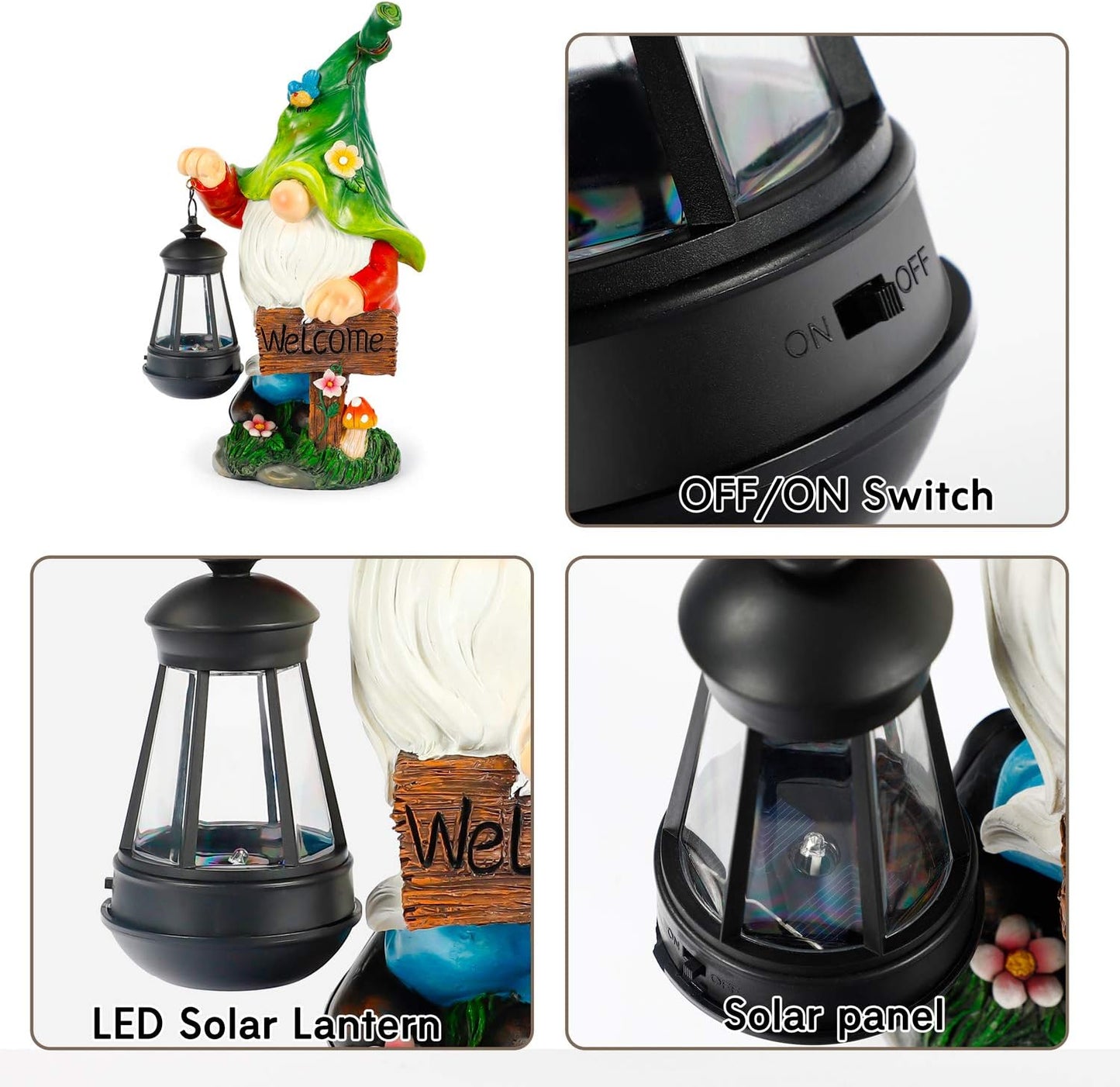 Garden Gnome Statue, Resin Figurine with Bright Solar Lantern Lights and Welcome Sign, Outdoor Solar-Powered Illumination Yard Art Decorations for Indoor Outdoor Patio Lawn Garden Room