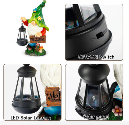 Garden Gnome Statue, Resin Figurine with Bright Solar Lantern Lights and Welcome Sign, Outdoor Solar-Powered Illumination Yard Art Decorations for Indoor Outdoor Patio Lawn Garden Room