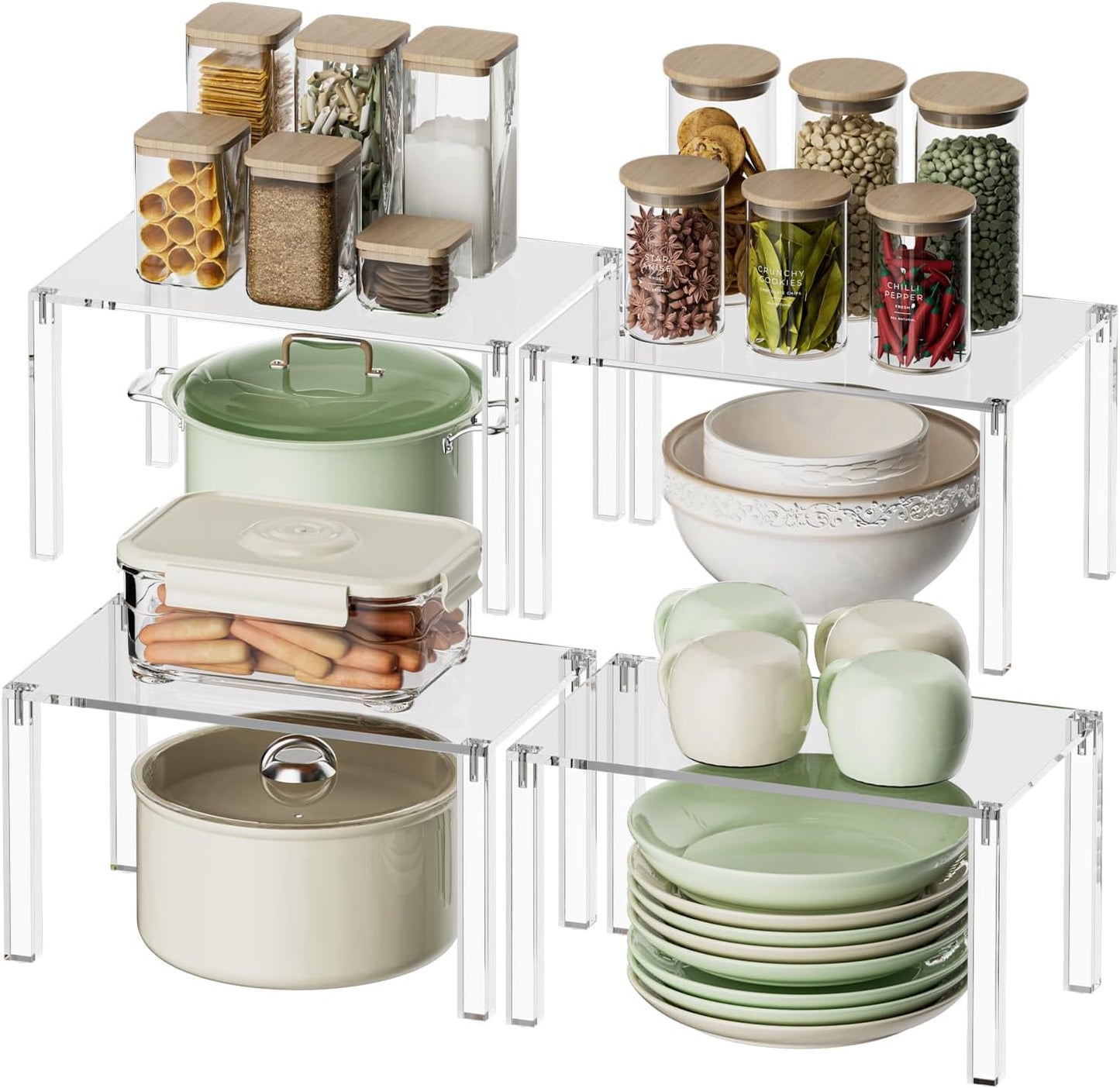 Clear Cabinet Organizer: Acrylic Shelf Riser Set of 4 for Kitchen Pantry Organizers and Storage - Countertop Spice Rack for Cabinet - Stackable Display Shelf Decor for Gift