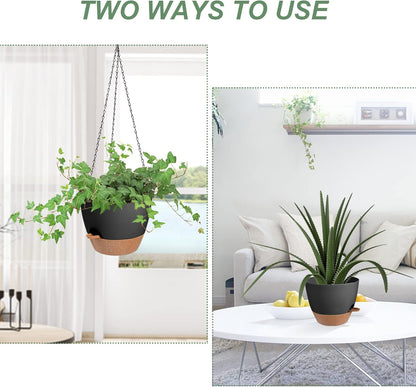 Hanging Planters for Indoor Outdoor Plants, 2 Pack Self Watering Hanging Pot with Drainage Holes & Removable Tray (Black, 6'')