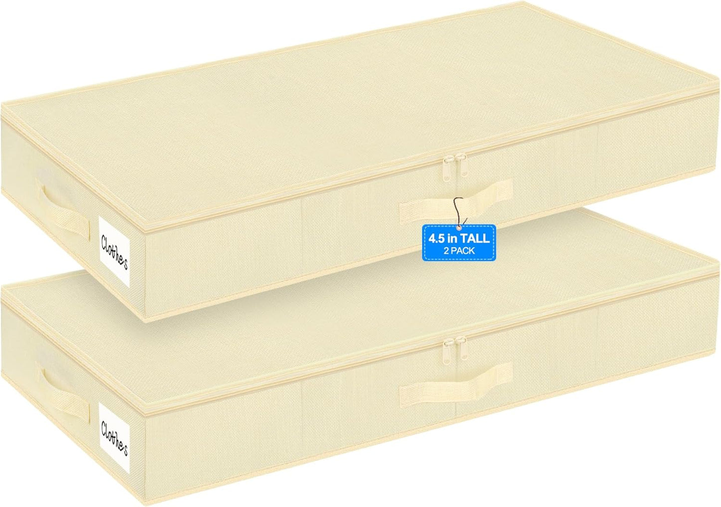 punemi 4.5 Inch Tall Low Profile Under Bed Storage Containers Bins, 2Pcs Shallow Flat Underbed Clothes Storage With Sturdy Structure Support, Under Couch & Sofa Storage For College Dorm Room, Beige