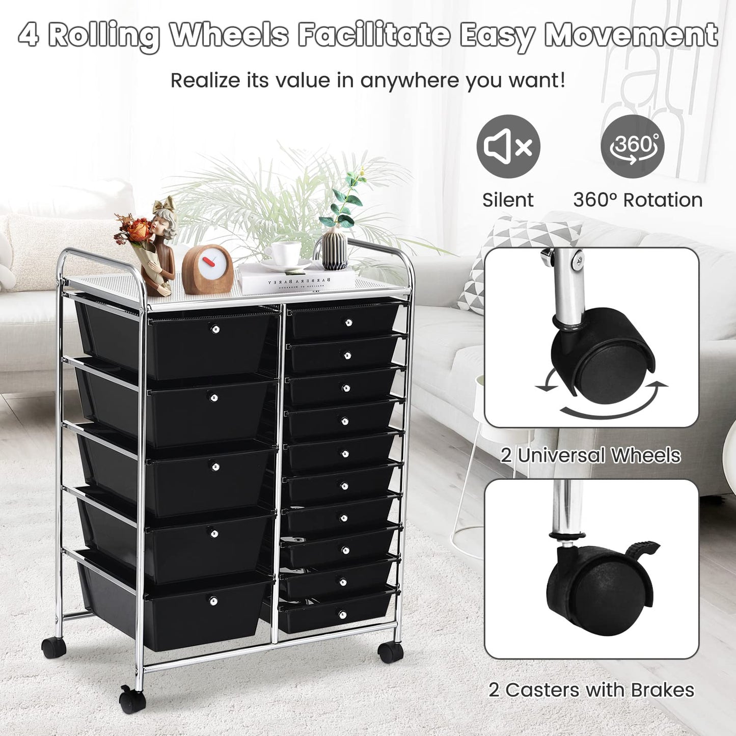 HOMGX Storage Cart with 15 Drawers, 15 Drawer Organizer Trolley, 15 Tiers Storage Trolley, File and