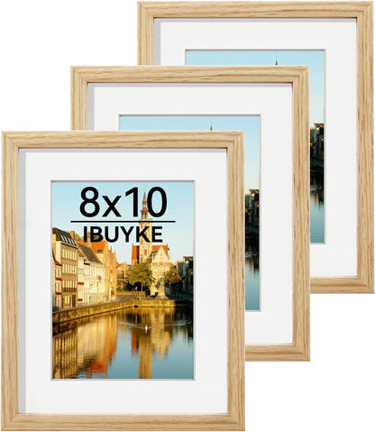 IBUYKE 8x10 Picture Frame,Set of 3,Solid Oak Wood 8x10 Photo Frame with Mat to 5x7,10x8 Picture Frames With Tempered Glass,Tabletop or Wall Mount Display,Home Decor,Natural Oak 8 x 10 Frame,UWPF0810N-3