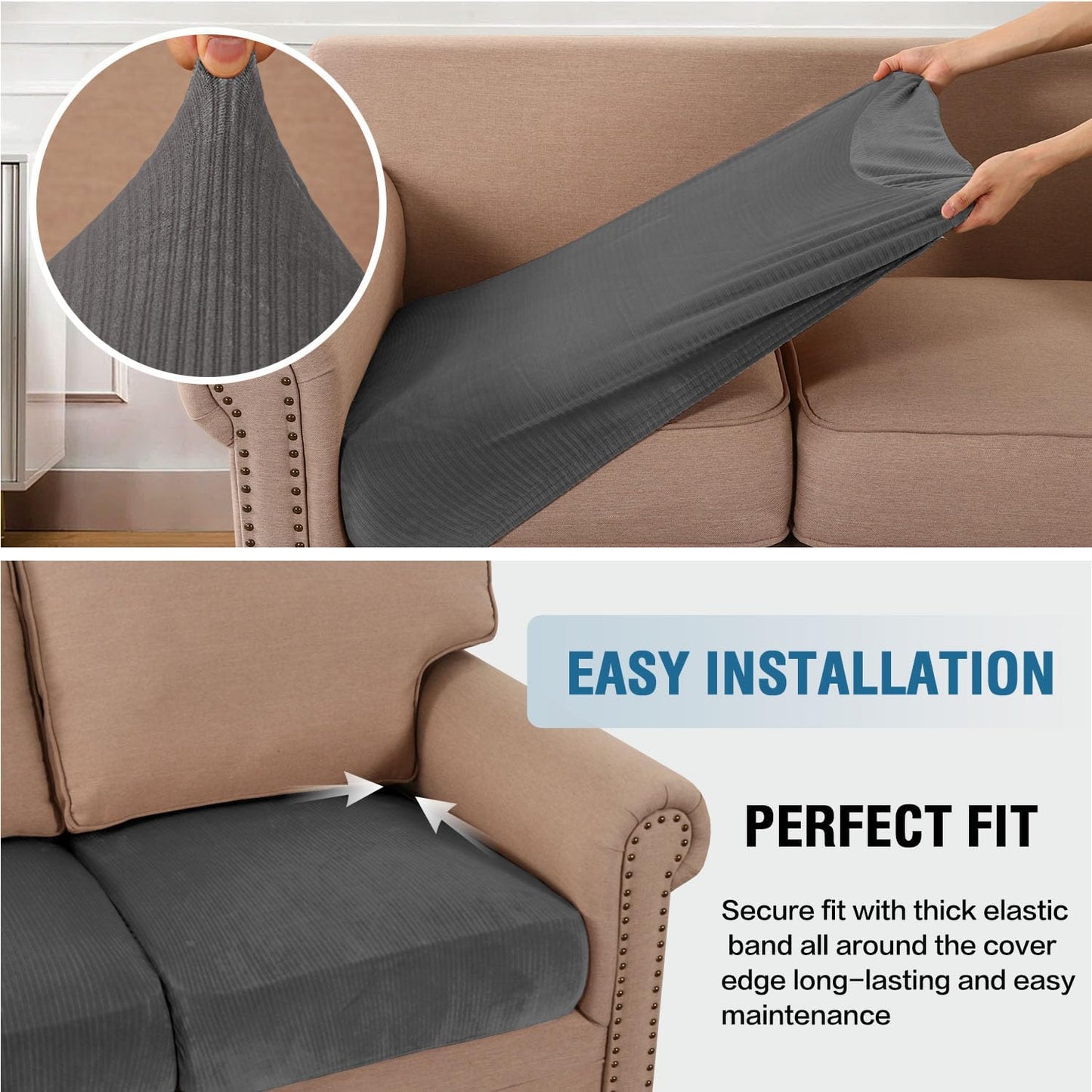 H.VERSAILTEX Velvet Stretch Couch Cushion Cover Plush Cushion Slipcover for Chair Loveseat Sofa Cushion Furniture Protector Seat Cushion Sofa Cover (3 Piece Sofa Cushion Covers, Grey Striped)