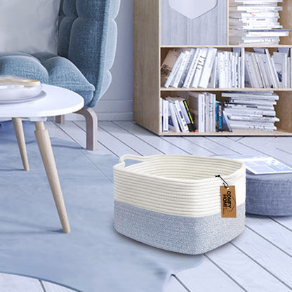 COMFY-HOMI Cotton Rope Woven Basket with Handles for shelf，Toy, Book, Cloth Storage Basket for Organizing-13.5"X11"X9.5" Storage Bin for Living Room, Newborn or Infant Gift for boy girl （White/blue）