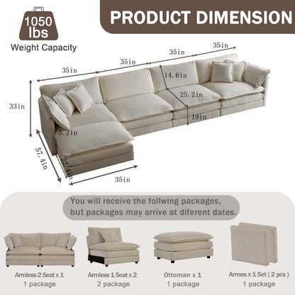 Sectional Sofa 4 Seater with Movable 1 Ottoman,Oversized Modular Couch Deep Seat (Light Coffee, 146.5 inch-L)