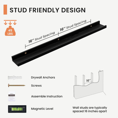 Solid Ash Wood Floating Shelves, Wood Picture Ledge Shelf Set of 2, 48 Inch Long Large Photo Ledge Shelves, Nursery Book Shelves Wall Mounted for Living Room Kids' Bedroom Decor, Black