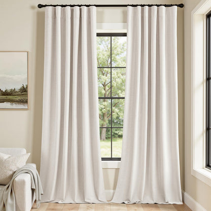 MIULEE 100% Blackout Curtains 90 Inch Long 2 Panels for Bedroom, Thick Luxury Faux Linen Black Out Curtain Room Darkening Back Tab Pleat Window Textured Drapes with Hooks for Living Room, Ivory