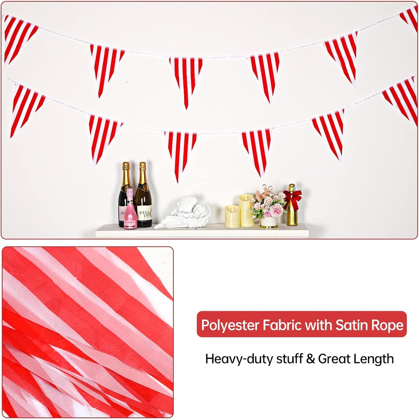 RUBFAC 170ft 120pcs Red and White Striped Pennant Banner, Carnival Circus Decorations Supplies, String Triangle Bunting Flags, Kids Birthday, New Year Eve Celebration Supplies