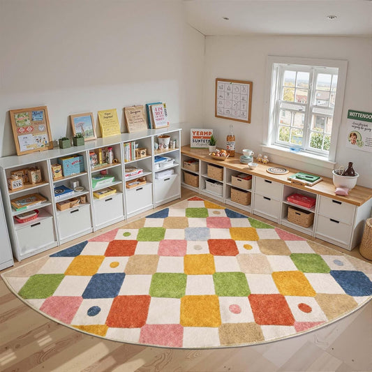 jinchan Kids Rug for Classroom 8ft Radius Corner Washable Area Rug Modern Colorful Quarter Circle Rug Soft Non-Slip Carpet for Nursery Playroom Daycare Reading Nook Living Room Circus on Cream