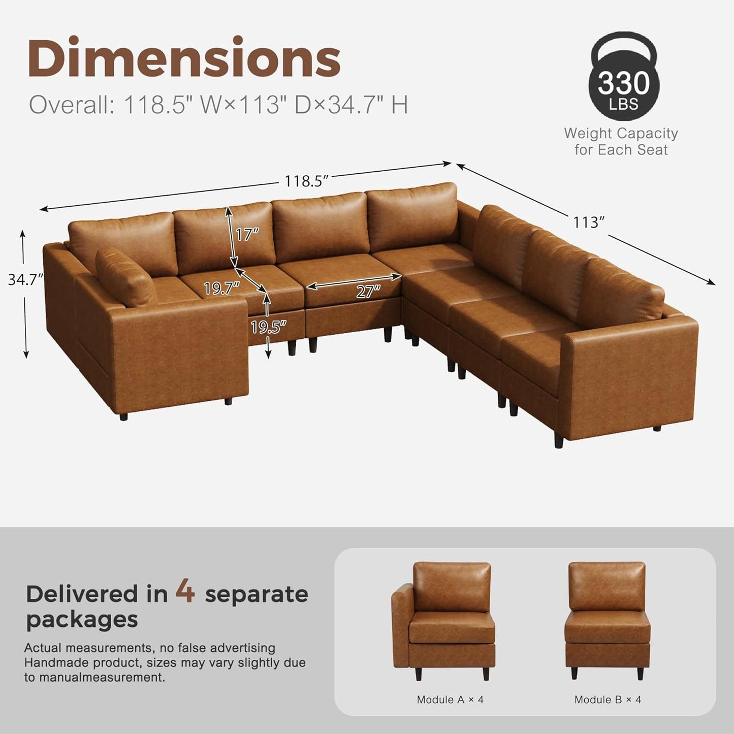 118.5" Faux Leather Modular Sectional Sofa, U Shaped Couch Set for Living Room, Large 8-Seater Comfy Cloud Couches with Storage Seat DIY Combination - Brown