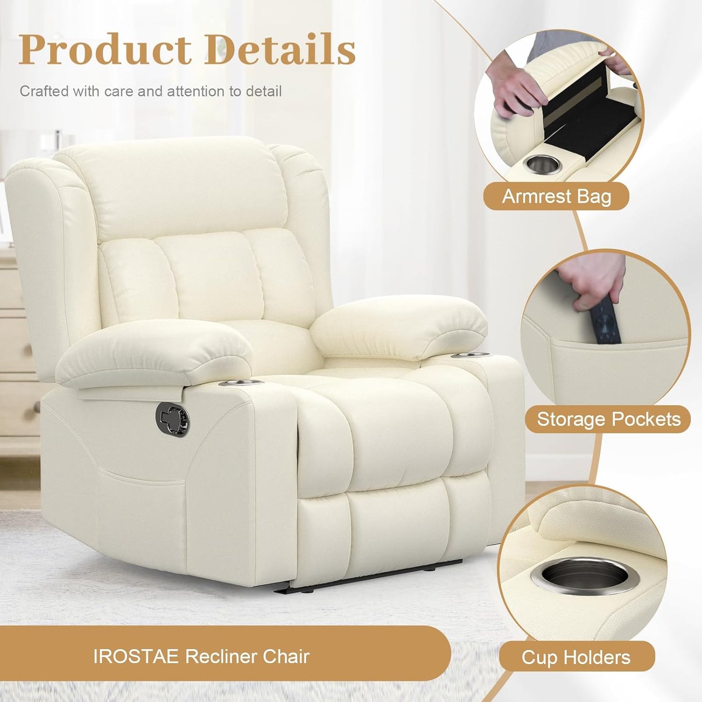 Recliner Chair for Adults, Oversized PU Leather Manual Pull Tab Reclining Chair with Cup Holders, Minimalist Style Single Sofa for Living Room, RV (Ivory White)
