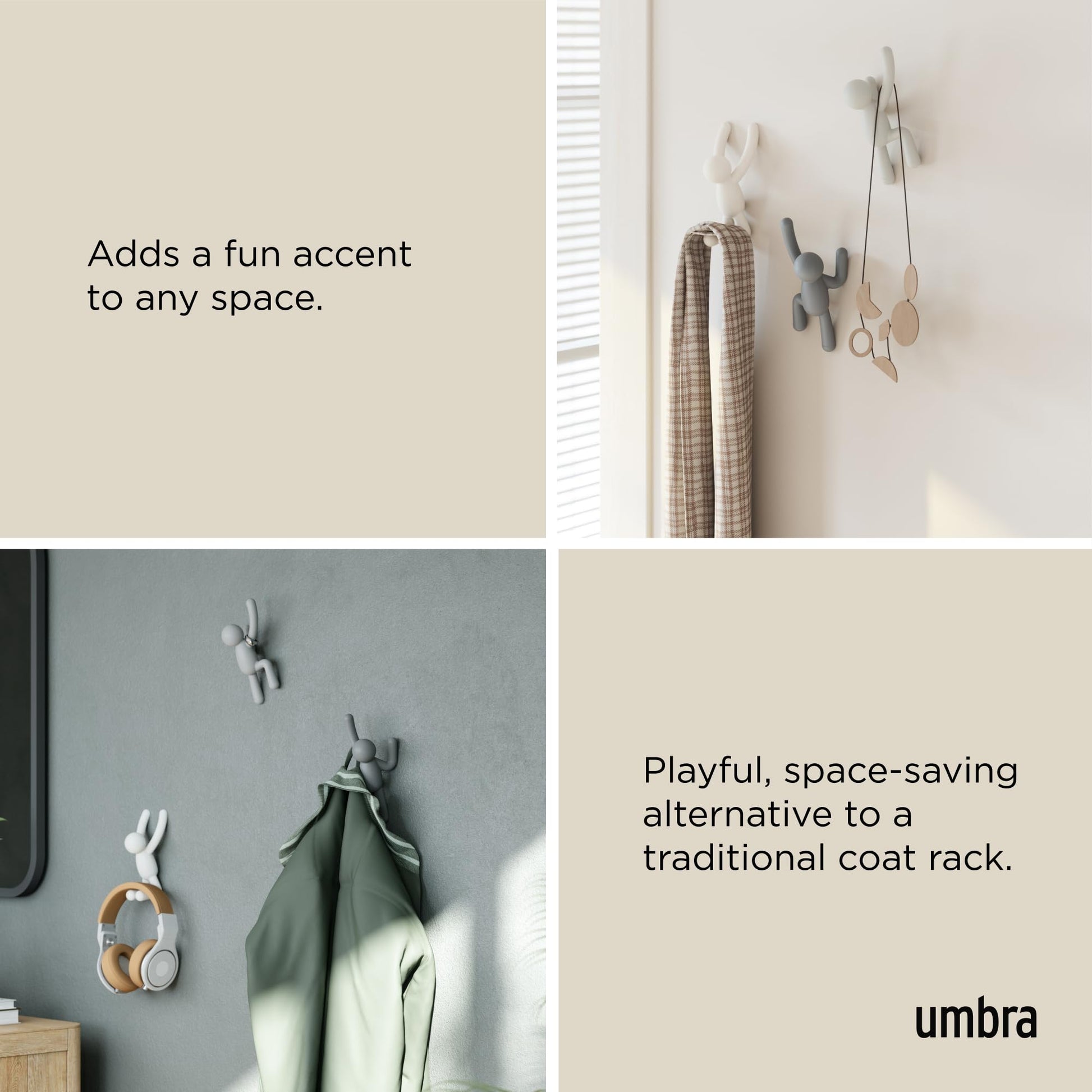 Umbra Buddy Wall Hooks, Decorative Wall Mount Coat Hooks, Set of 3, Grey