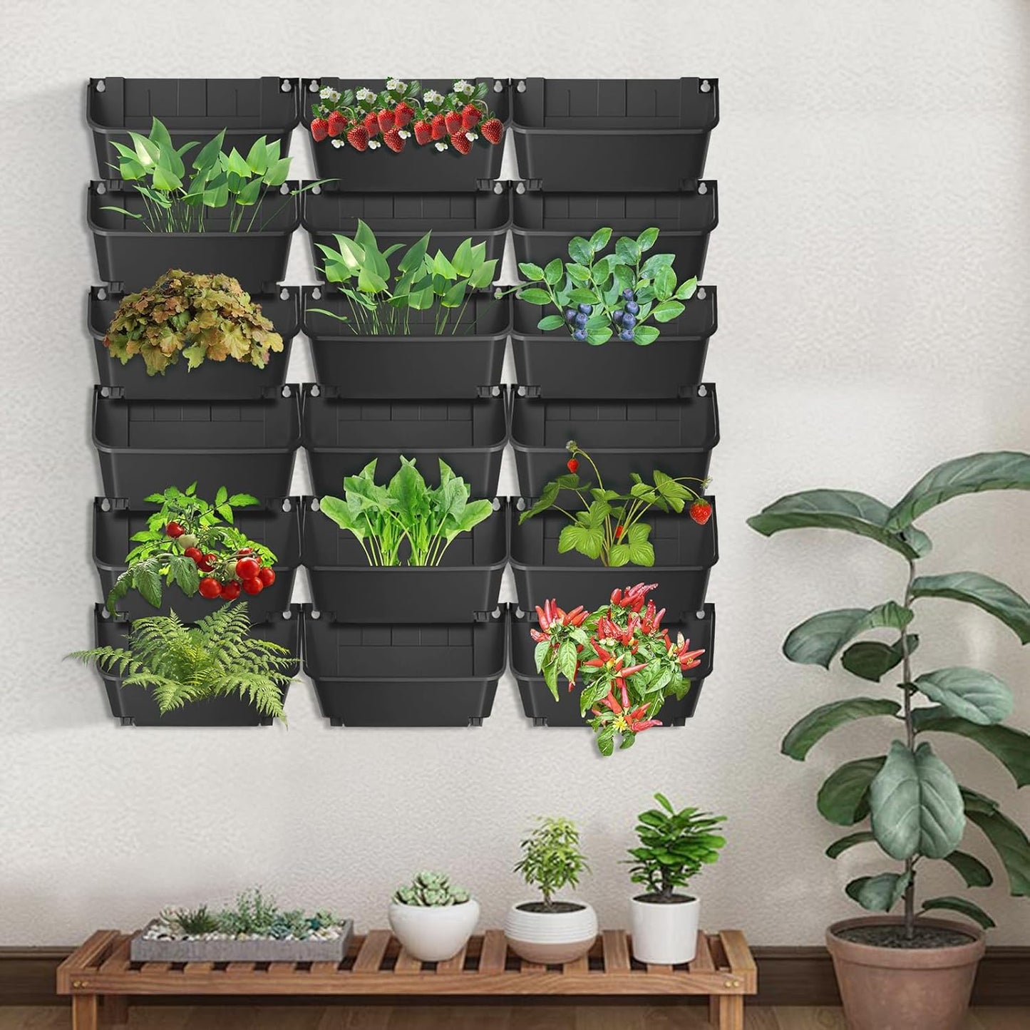 18Pcs Vertical Wall Planter, 13 inch Wall Mounted Garden Planters, Plastic Wall Hanging Planter with Drainage Holes, Wall Planters for Patio Outdoor Decor, Balcony Plant Hanging Flowerpot (Black)