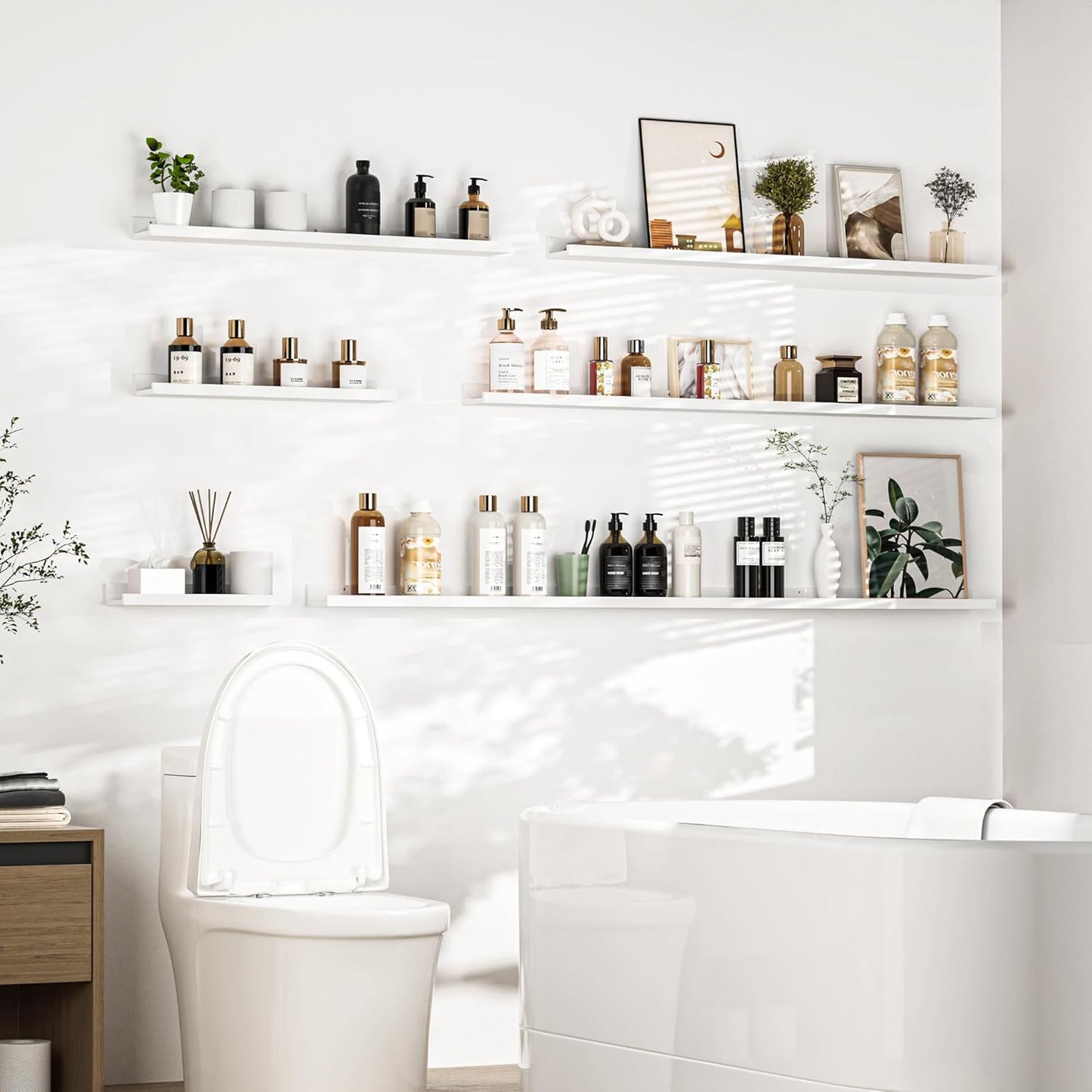 Heimlove Picture Ledge Shelf, Floating Shelves Set of 2, 48 Inches Picture Shelf for Wall with Ledge, Kids Bookshelf Wall Mounted for Living Room Bedroom Decor Books Photo Frames, White