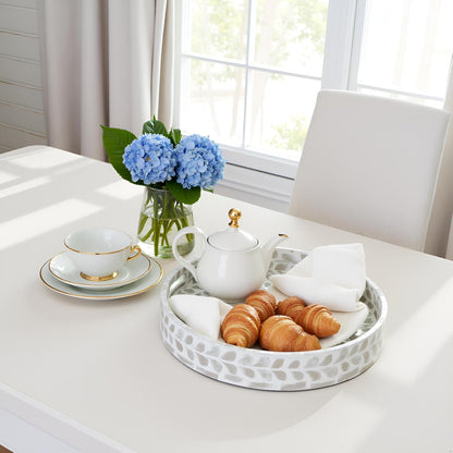 CLAYNIX Serving Tray 12.5 Inch, Lacquer Mother of Pearl Inlay Mosaic Tray, Round Wooden Marble Tray with Handles Trays for Tea, Breakfast (White)