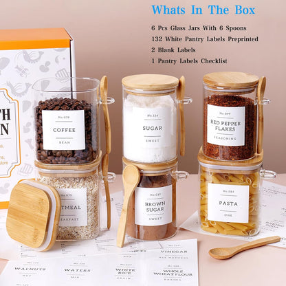 6 Pack Glass Jars with Bamboo Lid and Spoons - 17Oz/27Oz Borosilicate Glass Jars with 132 Pantry Labels - for Coffee Beans, Tea, Sugar & More