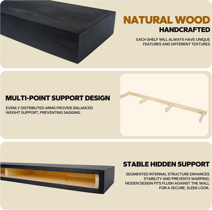 Floating Shelves 3 inch Thick for Wall Set of 2,Solid Pine Wood Wall Mount Shelf for Kitchen Living Room Bedroom Bathroom,8" D x 48" L x 3" H-Black