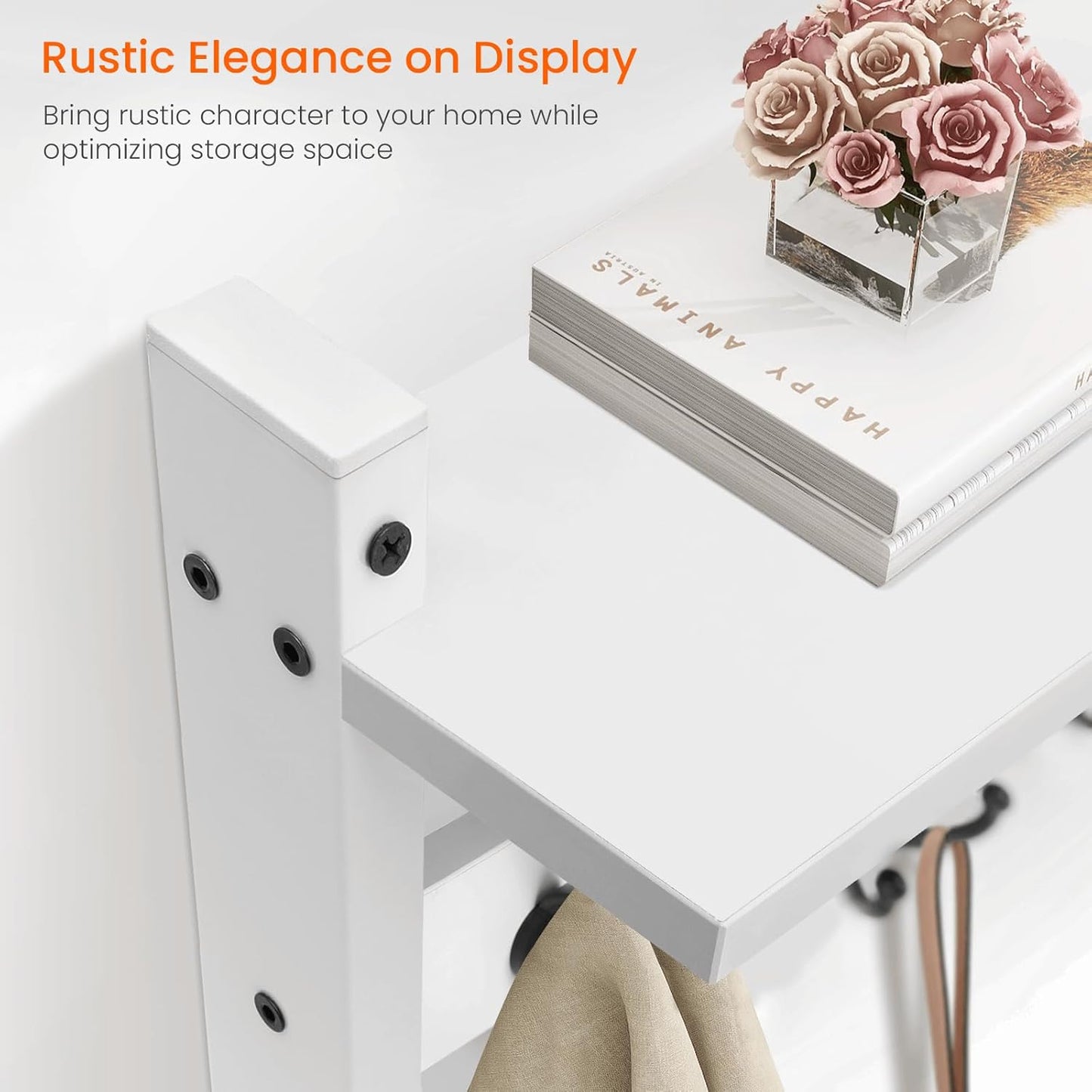 Homode Wall Shelf with Hooks, 24 Inch Coat Rack with Tri Hooks, Farmhouse Entryway Floating Coat Hanger with Storage for Bathroom, Entry Way, Mudroom, White