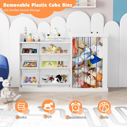 Kids Toy Storage Organizer with 3 Removable Plastic Bins Toddler Montessori Bookshelf with Stuffed Animal Net Holder Baby Bookcase Plush Organizer for Playroom, Bedroom,Kids Room,Classroom,Nursery