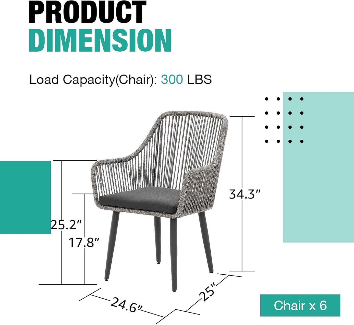 Patiorama Outdoor Dining Chairs, Patio Dining Chair Set of 6, All-Weather Woven Rope Rattan Chairs, Outdoor Dining Wicker Chairs with Armrests for Indoor Balcony Pool Backyard(Gray)