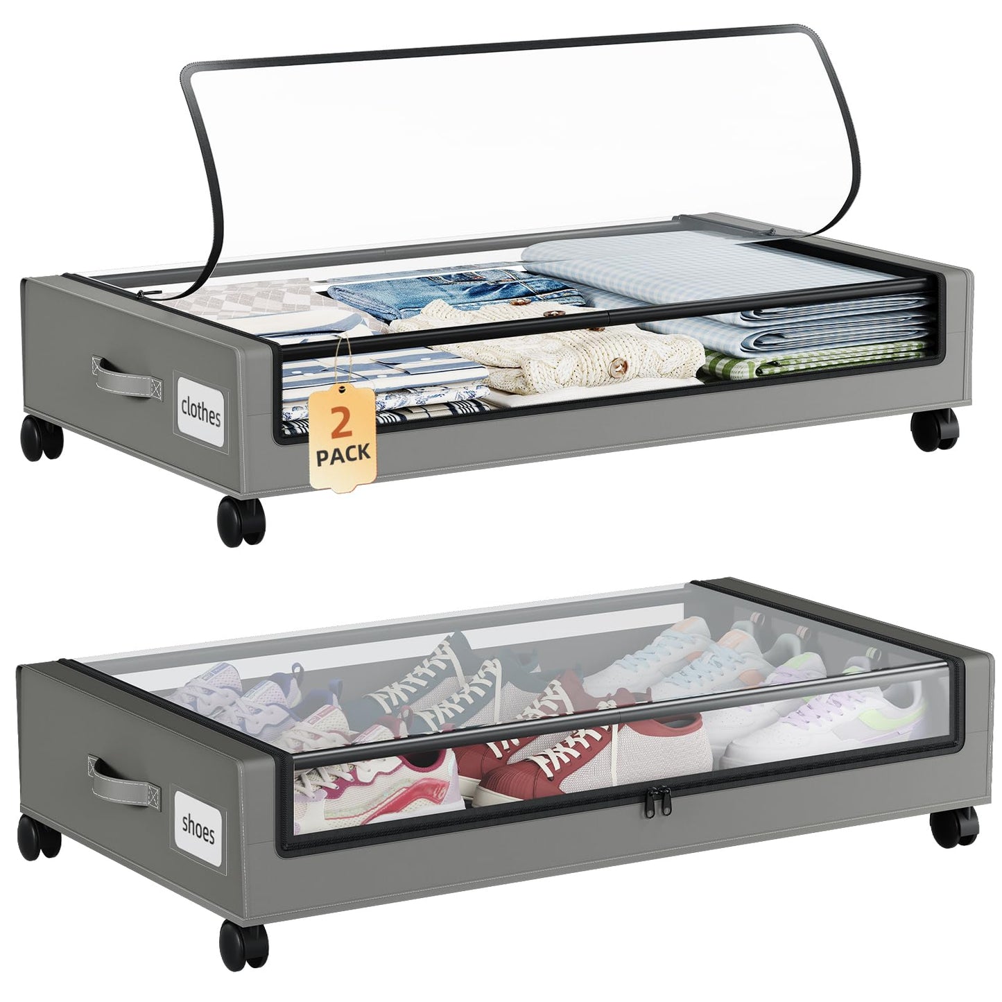 Somdot Under Bed Storage with Wheels, 2 Pack Under Bed Storage Containers
