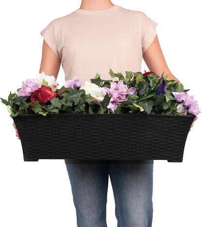 Elly Décor Set of 2 18x8 Rectangular Modern, Resistant and Self Watering Planter with Rattan-Like Finish, 18", Gray